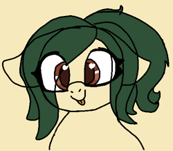 Size: 500x435 | Tagged: safe, artist:allhallowsboon, oc, oc only, oc:myrtle remedy, earth pony, pony, :p, earth pony oc, eyes over hair, female, floppy ears, green mane, mare, ponytail, red eyes, simple background, solo, tongue out, wingding eyes, yellow coat