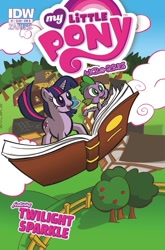 Size: 659x1000 | Tagged: safe, artist:thom zahler, idw, official comic, spike, twilight sparkle, dragon, pony, unicorn, g4, micro-series #1, my little pony micro-series, official, book, building, cloud, comic, comic cover, cover, cover art, duo, duo male and female, female, fence, horn, male, mare, my little pony logo, outdoors, tail, tree, unicorn twilight, variant cover