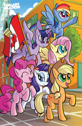 Size: 1100x1700 | Tagged: safe, artist:thom zahler, applejack, fluttershy, pinkie pie, rainbow dash, rarity, twilight sparkle, alicorn, earth pony, pegasus, pony, unicorn, g4, 2017, applejack's hat, building, calgary, calgary stampede, canada, canadian flag, cowboy hat, eyes closed, female, flying, freckles, group, hat, horn, mane six, mare, open mouth, open smile, outdoors, raised hoof, raised leg, rear view, signature, smiling, spread wings, tail, tree, twilight sparkle (alicorn), wings