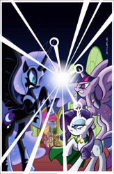 Size: 2500x3818 | Tagged: safe, artist:thom zahler, idw, applejack, fluttershy, nightmare moon, pinkie pie, rainbow dash, rarity, twilight sparkle, alicorn, earth pony, pegasus, pony, unicorn, g4, spoiler:comic, spoiler:comic45, 2016, armor, beam struggle, blast, cape, clothes, comic cover, cover, cover art, female, flying, frown, height difference, helmet, high res, hoof shoes, horn, long legs, magic, magic beam, magic blast, mane six, mare, my little pony logo, open mouth, peytral, princess shoes, raised hoof, rearing, septet, signature, spread wings, tail, tall, teeth, textless version, twilight sparkle (alicorn), variant cover, wings
