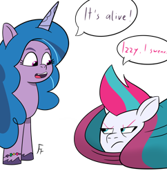 Size: 2850x2948 | Tagged: safe, artist:frownfactory, izzy moonbow, zipp storm, pegasus, pony, unicorn, g5, my little pony: tell your tale, annoyed, atg 2024, bracelet, dialogue, duo, duo female, female, friendship bracelet, frown, grumpy, horn, it's alive!, jewelry, looking at each other, looking at someone, newbie artist training grounds, open mouth, open smile, simple background, smiling, speech bubble, tired, transparent background, unamused, unshorn fetlocks, zipp storm is not amused