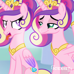 Size: 1280x1280 | Tagged: safe, artist:scienset, edit, edited screencap, screencap, princess cadance, queen chrysalis, alicorn, changeling, changeling queen, pony, g4, cadance is not amused, concave belly, crown, duo, duo female, fake cadance, female, jewelry, open mouth, peytral, regalia, sitting, slender, smiling, smirk, thin, unamused