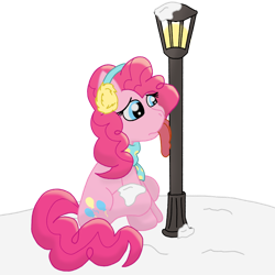 Size: 1280x1280 | Tagged: safe, artist:zeccy, pinkie pie, earth pony, pony, g4, clothes, earmuffs, female, lamppost, mare, scarf, simple background, snow, solo, tongue out, tongue stuck to pole, transparent background