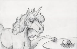 Size: 2000x1298 | Tagged: safe, artist:nedemai, oc, oc only, pony, unicorn, atg 2024, coffee mug, crying, drink, grayscale, hoers, horn, monochrome, mug, newbie artist training grounds, pencil drawing, ponysona, solo, spill, spilled drink, traditional art