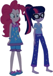 Size: 1781x2520 | Tagged: safe, edit, edited screencap, editor:homersimpson1983, screencap, pinkie pie, sci-twi, twilight sparkle, human, equestria girls, equestria girls specials, g4, my little pony equestria girls: sunset's backstage pass, background removed, barefoot, bow, clothes, confused, duo, duo female, feet, female, glasses, nightgown, not a vector, pajamas, ponytail, simple background, slippers, transparent background