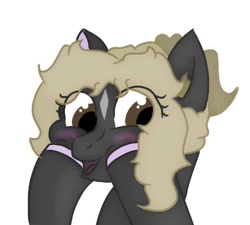 Size: 728x654 | Tagged: safe, artist:thomas.senko, oc, oc only, oc:black betty, earth pony, pony, blonde, blushing, brown eyes, dark skin, ear fluff, female, happy, mare, simple background, solo, white background