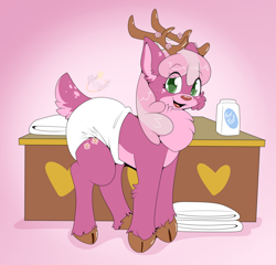 Size: 1960x1880 | Tagged: safe, artist:maynara, cheerilee, deer, deer pony, hybrid, original species, g4, baby powder, chest fluff, cloven hooves, deerified, deerilee, desk, diaper, diaper fetish, diaperilee, female, fetish, foal powder, gradient background, mare, non-baby in diaper, open mouth, open smile, poofy diaper, smiling, solo, species swap