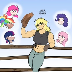 Size: 3233x3215 | Tagged: safe, artist:cyanrobo, applejack, fluttershy, pinkie pie, rainbow dash, rarity, twilight sparkle, human, g4, abs, applejack gets all the mares, applejack's hat, applejacked, biceps, blushing, breasts, busty applejack, clothes, cowboy hat, denim, dialogue, female, fence, front knot midriff, gay panic, gloves, hat, humanized, jeans, lesbian, mane six, messy hair, midriff, muscles, muscular female, pants, rolled up sleeves, ship:appledash, ship:applepie, ship:appleshy, ship:rarijack, ship:twijack, shipping, shirt, sweat, varying degrees of want