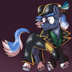 Size: 2000x2000 | Tagged: artist needed, safe, oc, oc only, oc:riptide, earth pony, pony, clothes, cute, female, gradient background, happy, hat, jacket, mare, pirate, purple background, smiling, solo, unshorn fetlocks