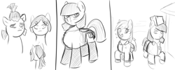 Size: 3832x1552 | Tagged: safe, artist:anonymous, derpy hooves, oc, oc:brown box, earth pony, pegasus, /bale/, bag, box, box on head, cardboard box, carrying, chest fluff, clothes, earth pony oc, female, frown, grayscale, looking at you, looking away, mailmare uniform, mare, monochrome, object on head, saddle bag, sketch, smiling, socks, talking, thigh highs, walking towards you