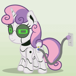 Size: 675x675 | Tagged: safe, artist:nitei, sweetie belle, pony, robot, robot pony, unicorn, g4, animated, atg 2024, battery, charging, electrical outlet, female, filly, foal, gif, gradient background, horn, newbie artist training grounds, plug, solo, standing, sweetie bot