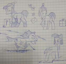 Size: 3024x2942 | Tagged: safe, artist:anonymous, oc, oc only, oc:brown box, earth pony, /bale/, arrow, box, cardboard box, christmas, clothes, danger, earth pony oc, envelope, female, graph paper, hat, holiday, mailmare uniform, mare, monochrome, pen drawing, present, running, santa hat, stairs, traditional art, winter outfit