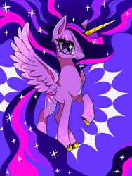 Size: 1200x1600 | Tagged: safe, artist:stacy_165cut, twilight sparkle, alicorn, pony, g4, the last problem, abstract background, alternate design, big eyes, colored hooves, colored horn, colored wings, colored wingtips, countershading, ethereal mane, ethereal tail, eyelashes, eyeshadow, female, golden horn, hooves, horn, impossibly long mane, impossibly long tail, large wings, lidded eyes, long horn, long mane, makeup, mare, multicolored mane, multicolored tail, older, older twilight, older twilight sparkle (alicorn), pink eyeshadow, pink wingtips, profile, purple coat, purple eyes, raised hoof, shiny eyes, shiny hooves, slender, smiling, solo, sparkly eyes, sparkly legs, sparkly mane, sparkly tail, sparkly wings, spread wings, standing, tail, tall, thin, three toned mane, three toned tail, tri-color mane, tri-color tail, tri-colored mane, tri-colored tail, tricolor mane, tricolor tail, tricolored mane, tricolored tail, twilight sparkle (alicorn), unicorn horn, unshorn fetlocks, wall of tags, wingding eyes, wings, yellow hooves