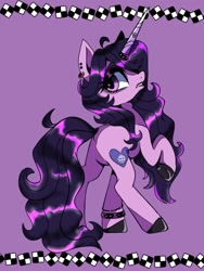 Size: 1200x1600 | Tagged: safe, artist:stacy_165cut, izzy moonbow, pony, unicorn, g5, ahoge, big eyes, black eyeshadow, black hooves, black lipstick, black mane, black tail, border, bracelet, butt, colored eyebrows, colored hooves, colored horn, colored horntip, dyed mane, dyed tail, ear piercing, earring, eye clipping through hair, eyebrows, eyebrows visible through hair, eyelashes, eyeshadow, female, frown, goth, goth izzy, hoof polish, hooves, horn, horn ring, jewelry, lipstick, long horn, long mane, long tail, looking back, makeup, mare, piercing, plot, purple background, purple coat, purple eyes, raised hoof, rear view, ring, shiny mane, shiny tail, simple background, solo, tail, unicorn horn, wavy mane, wavy tail