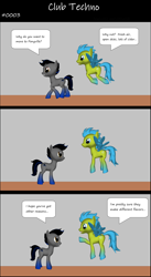 Size: 1920x3516 | Tagged: safe, artist:techno-babble, oc, oc only, oc:stratus wing, oc:techno babble, earth pony, pegasus, pony, comic:club techno, series:technoverse, g4, 3 panel comic, 3d, comic, male, slice of life, speech bubble, stallion, talking