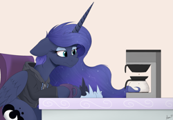 Size: 1875x1306 | Tagged: safe, artist:arcane-thunder, princess luna, alicorn, pony, g4, atg 2024, chest fluff, clothes, coffee, coffee machine, coffee mug, constellation hair, crown, ear fluff, ethereal mane, female, floppy ears, folded wings, hoodie, hoof shoes, horn, jewelry, long horn, looking at something, luna's crown, mare, mug, newbie artist training grounds, regalia, sitting, solo, starry mane, starry tail, tail, wing fluff, wings