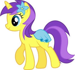 Size: 9913x9242 | Tagged: safe, artist:starryshineviolet, derpibooru exclusive, banana fluff, pony, unicorn, canterlot boutique, g4, absurd resolution, alternate design, background pony, clothes, female, flower, flower in hair, horn, mare, simple background, skirt, solo, transparent background, vector, walking, wrong eye color