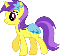 Size: 9913x9242 | Tagged: safe, artist:starryshineviolet, banana fluff, pony, unicorn, canterlot boutique, g4, absurd resolution, background pony, clothes, female, flower, flower in hair, horn, mare, simple background, skirt, solo, transparent background, vector, walking