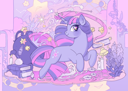 Size: 2644x1867 | Tagged: safe, artist:gorjee-art, twilight sparkle, pony, unicorn, g4, blushing, book, candle, cauldron, female, floating, flower, horn, lavender, looking at you, magic, mare, moon, pastel, pond, profile, shooting star, smiling, smiling at you, solo, starry eyes, surreal, turned head, unicorn twilight, water, wingding eyes