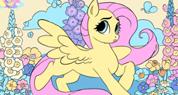 Size: 2206x1182 | Tagged: safe, artist:gorjee-art, fluttershy, butterfly, pegasus, pony, g4, colored, female, flat colors, flower, mare, missing cutie mark, solo, spread wings, wings, wip