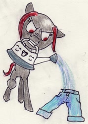 Size: 579x812 | Tagged: artist needed, safe, oc, oc only, oc:zippers, earth pony, pony, angry, bald, clothes, cute, denim, female, jeans, mare, misinterpretation, pants, red eyes, solo, traditional art, water, watering can