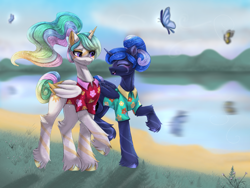Size: 4000x3000 | Tagged: safe, artist:taiweiart, princess celestia, princess luna, alicorn, butterfly, pony, between dark and dawn, g4, alternate hairstyle, clothes, colored pinnae, duo, duo female, eyes closed, facial markings, female, hawaiian shirt, height difference, high res, leg markings, looking at each other, looking at someone, mare, open mouth, open smile, raised hoof, raised leg, royal sisters, shirt, siblings, sisters, slender, smiling, standing on two hooves, sternocleidomastoid, tall, thin, unshorn fetlocks, vacation, walking, water