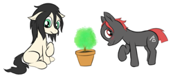 Size: 963x439 | Tagged: safe, artist:wapamario63, oc, oc only, oc:floor bored, oc:zippers, earth pony, pony, bald, blushing, colored sketch, cute, duo, female, looking away, mare, plant, potted plant, red eyes, simple background, sketch, tree, white background
