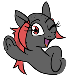 Size: 279x318 | Tagged: artist needed, safe, oc, oc only, oc:zippers, earth pony, pony, bald, cute, female, mare, one eye closed, red eyes, simple background, solo, underhoof, white background