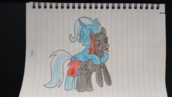 Size: 1600x900 | Tagged: artist needed, safe, trixie, oc, oc:zippers, earth pony, pony, angry, bald, cute, duo, eyes closed, female, great and powerful, hug, lined paper, mare, paper, red eyes, traditional art