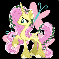Size: 1280x1280 | Tagged: artist needed, safe, fluttershy, pony, unicorn, g4, black background, colored hooves, colored pupils, concave belly, cutie mark, cutie mark background, decoration, female, fluttershy (g5 concept leak), fluttershy's cutie mark, g5 concept leak style, g5 concept leaks, hooves, horn, long hair, long horn, long mane, long tail, looking down, race swap, raised hoof, shy, side view, signature, simple background, slender, smiling, solo, standing, tail, thin, unicorn fluttershy, unshorn fetlocks, vector, vine