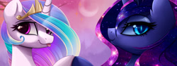 Size: 2390x900 | Tagged: dead source, safe, artist:magnaluna, princess celestia, princess luna, alicorn, pony, g4, :p, bedroom eyes, crown, duo, duo female, ethereal mane, female, hoofbump, horn, jewelry, looking at you, mare, nightmare luna, regalia, royal sisters, siblings, sisters, slit pupils, smiling, smiling at you, tongue out