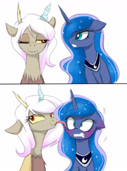 Size: 3400x4600 | Tagged: dead source, safe, artist:magnaluna, discord, princess luna, alicorn, draconequus, pony, g4, 2 panel comic, :3, :p, bedroom eyes, blushing, cheek fluff, comic, duo, duo female, ear blush, eris, fangs, female, floppy ears, glare, gritted teeth, half r63 shipping, horn, interspecies, lesbian, licking, looking at someone, mare, one eye closed, peytral, rule 63, ship:lunacord, ship:luneris, shipping, simple background, smiling, teeth, tongue out, tsundere, tsunderuna, white background, wide eyes, wink