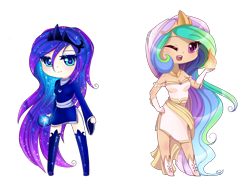 Size: 2600x1900 | Tagged: dead source, safe, artist:magnaluna, princess celestia, princess luna, human, g4, chibi, clothes, crown, dress, duo, duo female, ethereal hair, eyebrows, eyebrows visible through hair, female, fire, high res, humanized, jewelry, looking at you, one eye closed, open mouth, open smile, regalia, royal sisters, siblings, simple background, sisters, smiling, smiling at you, transparent background, wink, winking at you