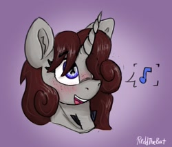 Size: 1439x1224 | Tagged: safe, artist:reddthebat, oc, oc only, oc:violina (reddthebat), ghost, ghost pony, pony, blushing, bust, digital art, female, gradient background, hair over one eye, mare, music notes, open mouth, open smile, smiling, solo