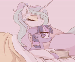 Size: 5600x4600 | Tagged: dead source, safe, artist:magnaluna, princess celestia, twilight sparkle, alicorn, pony, unicorn, g4, absurd resolution, alternate hairstyle, bed, blanket, book, cuddling, cute, cutelestia, duo, duo female, ear fluff, eyes closed, eyeshadow, female, horn, lesbian, lying down, lying on bed, makeup, mare, on bed, pillow, prone, ship:twilestia, shipping, smiling, snuggling, twiabetes, unicorn twilight