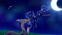 Size: 3700x2100 | Tagged: dead source, safe, artist:magnaluna, discord, princess luna, alicorn, draconequus, pony, g4, boop, crescent moon, duo, duo male and female, ethereal mane, ethereal tail, eyes closed, female, flying, high res, horn, interspecies, male, mare, moon, night, night sky, noseboop, nuzzling, outdoors, ship:lunacord, shipping, shooting star, sky, smiling, spread wings, stars, straight, tail, wings