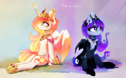 Size: 2625x1634 | Tagged: safe, artist:magnaluna, princess celestia, princess luna, alicorn, pony, g4, alternate design, alternate universe, belly, belly button, cheek fluff, chest fluff, colored wings, crown, duo, duo female, eyebrows, eyebrows visible through hair, female, fluffy, folded wings, hoof shoes, horn, human shoulders, jewelry, mare, multicolored wings, peytral, princess shoes, regalia, royal sisters, shoulder fluff, siblings, sisters, sitting, spanish, tail, wings