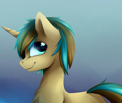 Size: 2500x2104 | Tagged: safe, artist:magnaluna, oc, oc only, oc:demi, oc:demiurgic theory, pony, unicorn, chest fluff, cute, fluffy, gradient background, high res, horn, looking at you, male, profile, side view, smiling, smiling at you, solo, stallion, tail, unicorn oc
