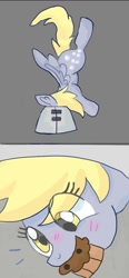 Size: 584x1256 | Tagged: safe, artist:percypawz, derpy hooves, pegasus, pony, g4, 2 panel comic, blushing, comic, cute, derpabetes, eating, elizabethan collar, emanata, food, gray background, looking down, muffin, muffin denial, simple background, solo, solution, upside down