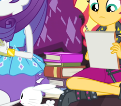 Size: 1920x1680 | Tagged: safe, composite screencap, edit, edited screencap, screencap, angel bunny, rarity, sunset shimmer, human, rabbit, equestria girls, g4, my little pony equestria girls: better together, the finals countdown, animal, book, boots, bracelet, clothes, dress, female, jacket, jewelry, leather, leather jacket, legs, male, notepad, pencil, rarity peplum dress, shoes, sitting, sitting on floor, skirt, sleeveless, sleeveless dress