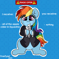 Size: 800x800 | Tagged: safe, artist:franfyze, rainbow dash, pegasus, pony, g4, blue background, female, fully shaded, looking at you, mare, meme, signature, smiling, smiling at you, solo, speech, talking, trade offer