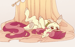 Size: 2059x1312 | Tagged: safe, artist:miss_glowwormis, roseluck, pony, g4, behaving like a cat, collar, commission, commissioner:doom9454, curtains, cute, lying down, pet tag, pony pet, rosepet