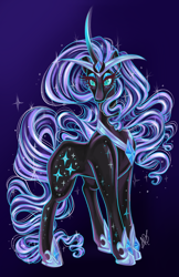 Size: 3300x5100 | Tagged: safe, artist:ashley-the-muffin, nightmare rarity, pony, unicorn, g4, absurd resolution, blue background, blue eyes, colored pupils, crown, curly mane, curly tail, curved horn, digital art, ethereal mane, ethereal tail, eyelashes, eyeshadow, female, flowing mane, flowing tail, gem, hoof shoes, horn, jewelry, lidded eyes, long horn, looking at you, makeup, mare, peytral, princess shoes, purple mane, purple tail, regalia, signature, simple background, solo, sparkles, starry mane, starry tail, stars, tail, unshorn fetlocks