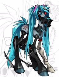 Size: 1591x2048 | Tagged: safe, artist:yarnican, cyborg, isopod, pony, robot, robot pony, blue mane, blue tail, calne ca, female, hatsune miku, long legs, mare, ponified, solo, tail, tall, vocaloid