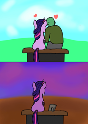 Size: 850x1203 | Tagged: safe, artist:miller31744, twilight sparkle, oc, oc:anon, alicorn, human, pony, crying, duo, duo male and female, female, floating heart, heart, immortality blues, male, picture frame, sad, twilight sparkle (alicorn), twilight will outlive her friends