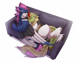 Size: 4000x3173 | Tagged: safe, artist:shchavel, forest fall, oc, oc only, oc:gyre, hippogriff, kirin, g4, beak, blushing, canon x oc, chest fluff, colored wings, couch, cute, digital art, duo, ear fluff, eyes closed, feather, gay, happy, high res, hippogriff oc, horn, hug, leonine tail, looking at each other, looking at someone, male, multicolored wings, pink mane, scales, shipping, simple background, sleeping, smiling, smiling at each other, snuggling, sofa bed, tail, unshorn fetlocks, white background, wings, yellow mane