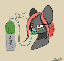 Size: 2100x2000 | Tagged: safe, artist:psychotix, oc, oc only, oc:zippers, bald, bust, clip studio paint, copium, female, looking at you, mare, oxygen mask, oxygen tank, solo, solo female, talking to viewer