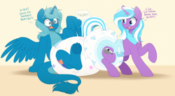 Size: 4800x2645 | Tagged: safe, artist:shuphle, oc, oc only, oc:blue blaze, oc:whistle stop, alicorn, dracony, dragon, hybrid, pony, unicorn, g4, air pushed out of diaper, blushing, butt, clothes, coat, cute, diaper, diaper fetish, diapered, dracony oc, duo, female, fetish, horn, impossibly large diaper, looking back, male, mare, non-baby in diaper, plot, poofy diaper, socks, speech bubble, surprised, tail, tail hole, white diaper