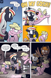Size: 2480x3794 | Tagged: safe, artist:php104, oc, oc only, oc:calamity, oc:littlepip, oc:silver bell, oc:velvet remedy, pegasus, pony, unicorn, fallout equestria, g4, armor, bag, battle saddle, clothes, comic, confetti, crying, detailed background, female, filly, flying, foal, hat, horn, jumping, jumpsuit, medical saddlebag, paint, pipbuck, raised hoof, rock farm, running, smiling, speech bubble, vault suit, yelling