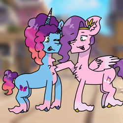Size: 1000x1000 | Tagged: safe, artist:curesweeties, misty brightdawn, pipp petals, pegasus, pony, unicorn, g5, cute, duo, duo female, female, horn, lesbian, looking at each other, looking at someone, mare, one eye closed, rebirth misty, ship:mistypetals, shipping